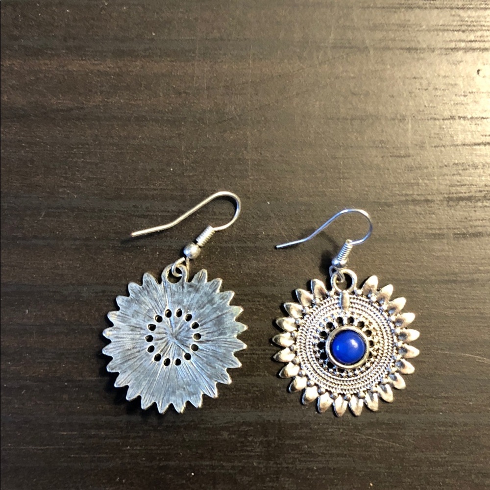 Bohemian Silver Sunflower Drop Earrings with Blue Accent